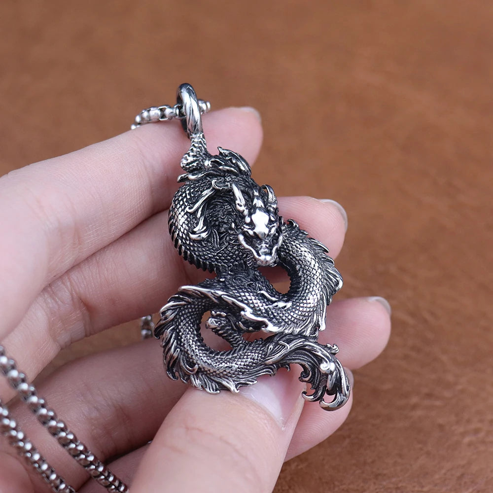 Stainless Steel Domineering Chinese Dragon Pendant Chain for Men Fashion Punk Dragon Necklaces Popular Party Jewelry