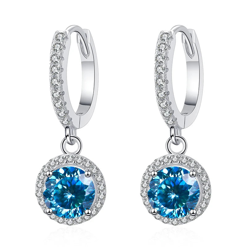 Butterflykiss 2 Carat 100 Faced Cut Moissanite Drop Earrings For Women S925 Silver Sparkling Lab Diamond Women's Wedding Jewelry Glacier Blue 1.0CT X 2