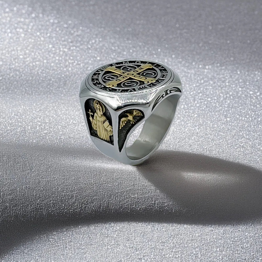 Crux Sancti Patris Benedict Cspb Cross Men Rings 316L Stainless Steel Punk Jewelry Size 7-13