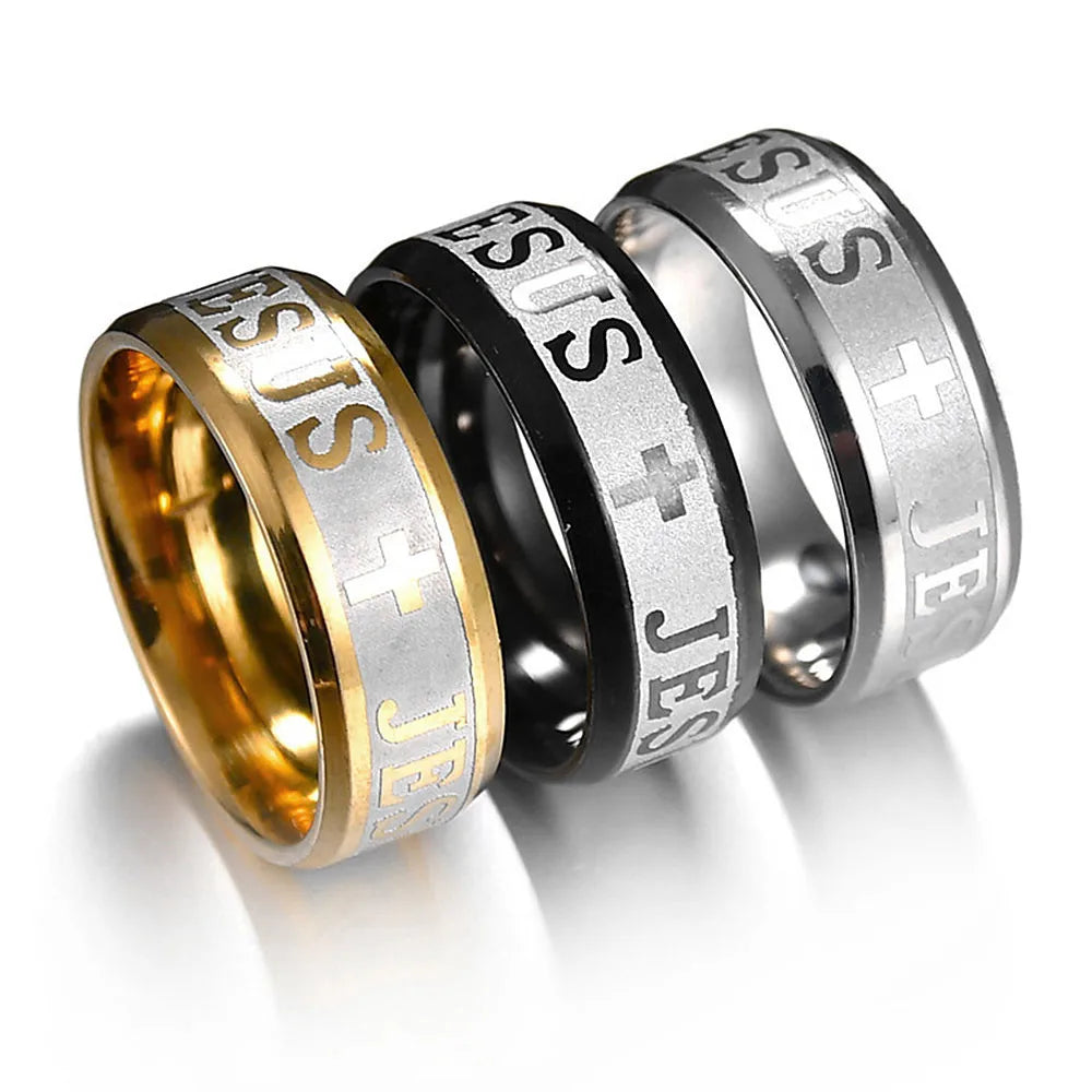 Stainless Steel Black Color Jesus Cross Letter Bible Prayer Finger Rings For Men 8mm Amulet Jewelry