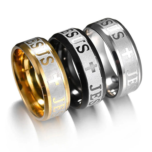 Stainless Steel Black Color Jesus Cross Letter Bible Prayer Finger Rings For Men 8mm Amulet Jewelry