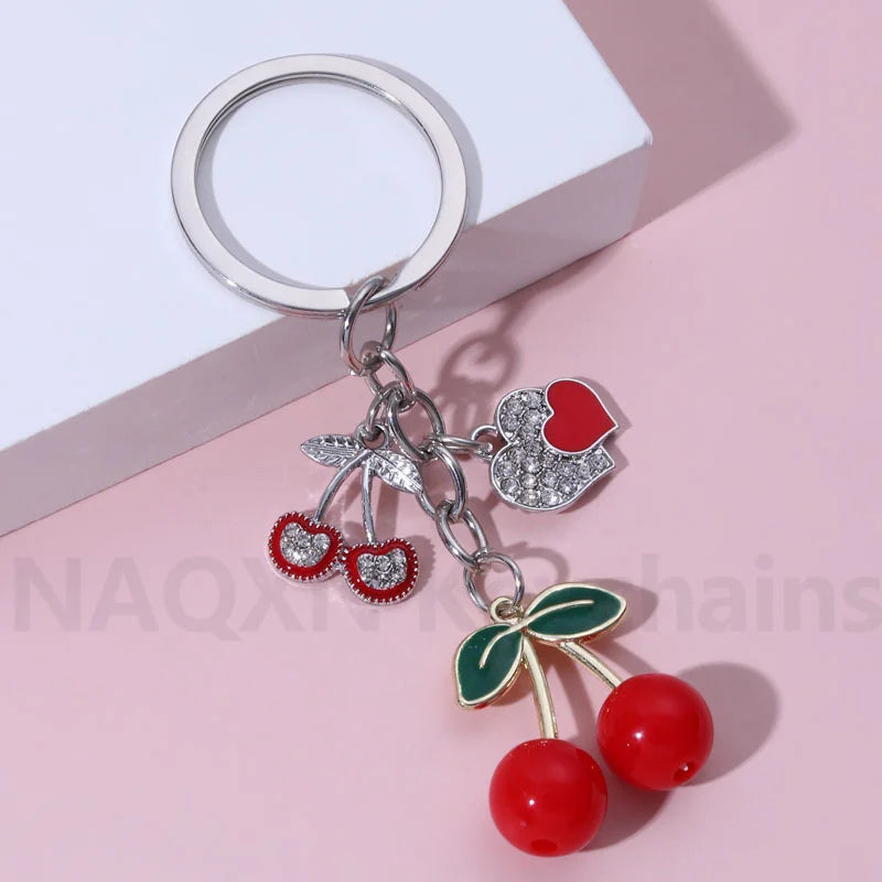 Pretty Cherry Keychain Romantic Love Heart Fruit Key Ring For Women Girl Friendship Gift Bag Decoration Handmade Jewelry Set E7380 CHINA
