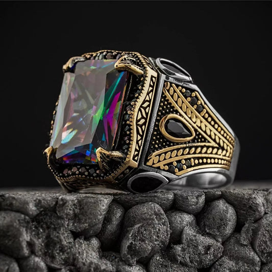 Retro Handmade Turkish Signet Rings For Men Ancient Silver Color Carved Eagle Ring Mystic Zircon Inlay New Punk Motor Biker Ring
