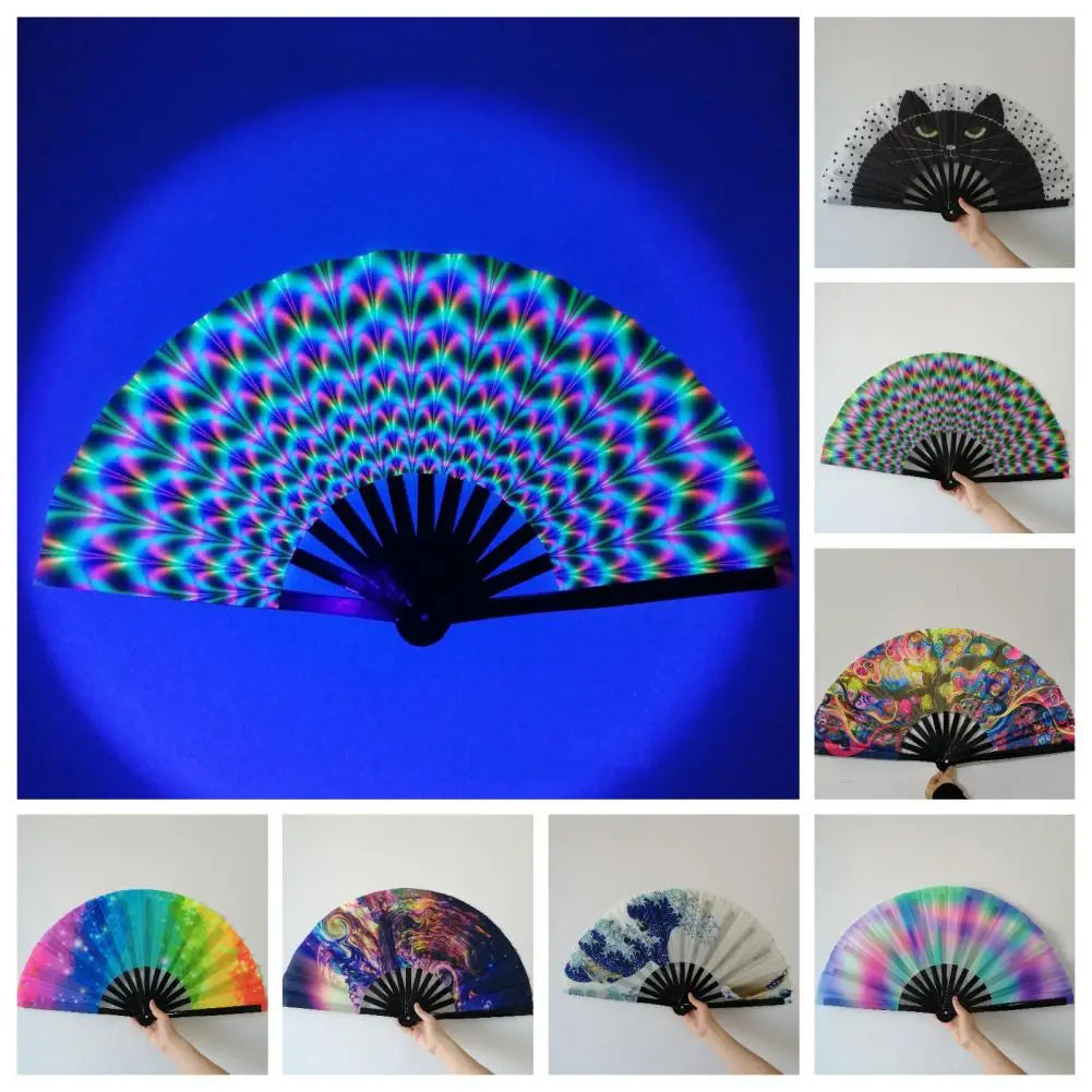 Folding Fan Colorful Holographic Rave Fans Bamboo Hand Fans for Festival Dancing Parties