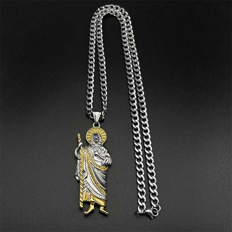 San Judas Tadeo Pendant Necklace for Men Women Stainless Steel Gold Silver Color Catholic Saints Apostle of Jesus Chain Jewelry