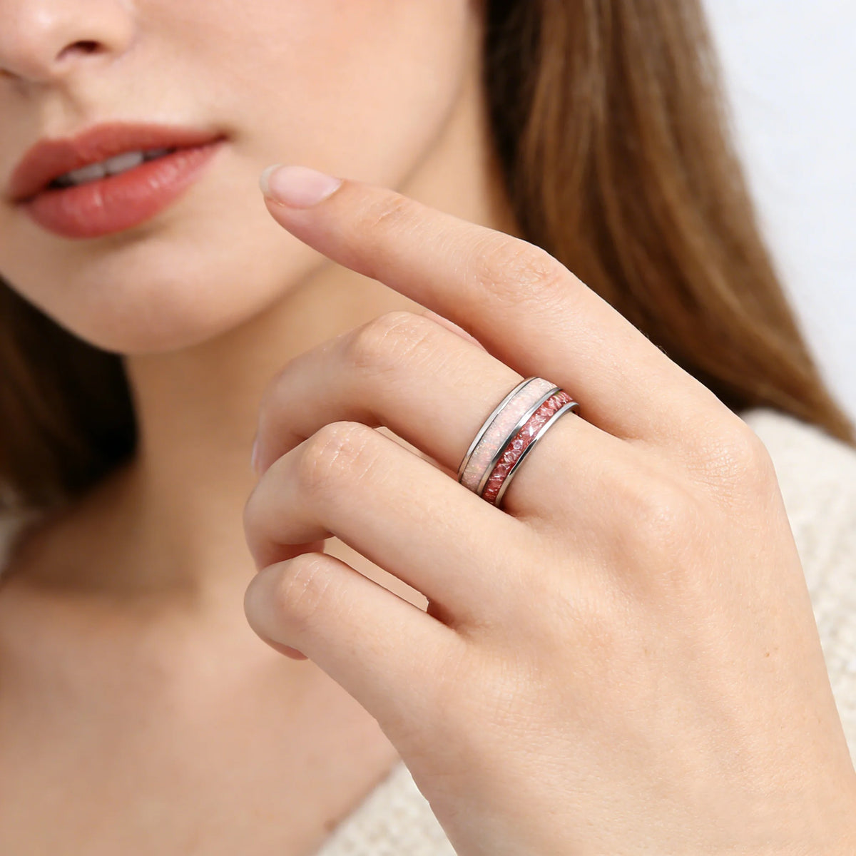 Fashion 8mm Silver Color Women Stainless Steel Ring with White Opal and Pink Stone Inlay Rings for Men Women Wedding Jewelry