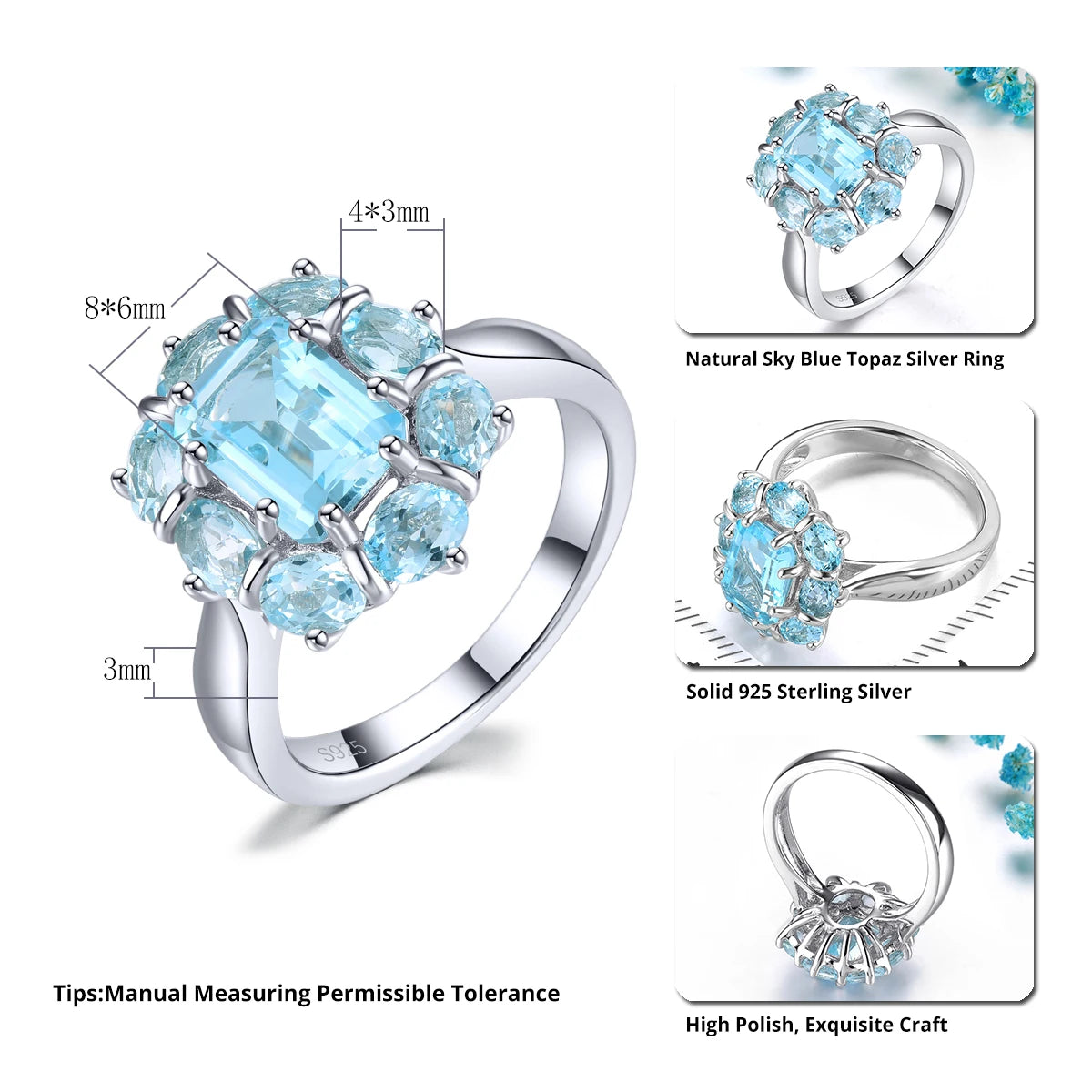 Natural Sky Blue Topaz Solid Silver S925 Rings 3.7 Carats Genuine Gemstone Women Daily Fine Jewelrys Birthday New Year Gifts