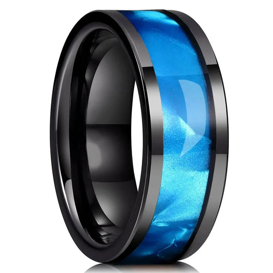 Fashion 8mm Men Black Stainless Steel Rings High Polished Blue Abalone Shell for Men Wedding Party Jewelry Anniversary Gifts