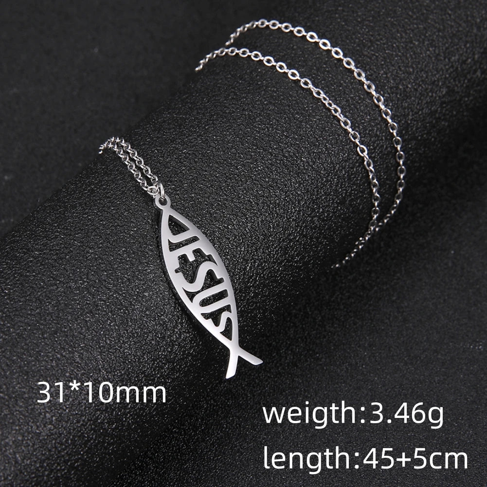 LIKGREAT Christian Jesus Fish Pendant Necklace for Women Stainless Steel Ichthys Faith Pray Choker Jewelry Valentine's Day Gifts