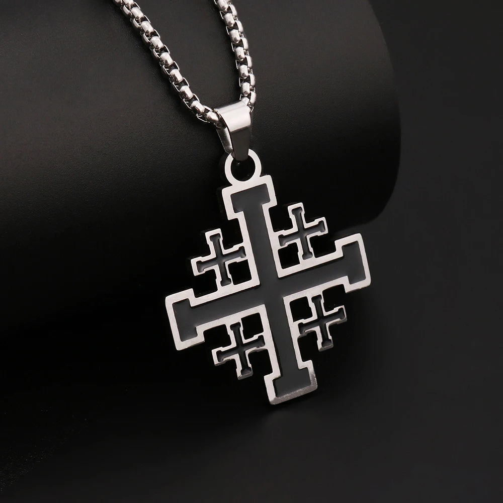 1PC Vintage Man's Durable Stainless Steel Jerusalem Crusader Templar Cross Necklace for Men Spiritual Jewelry