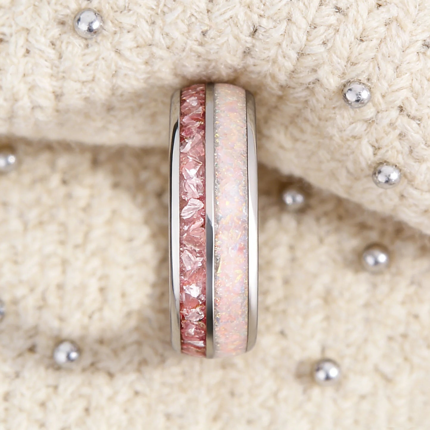 Fashion 8mm Silver Color Women Stainless Steel Ring with White Opal and Pink Stone Inlay Rings for Men Women Wedding Jewelry