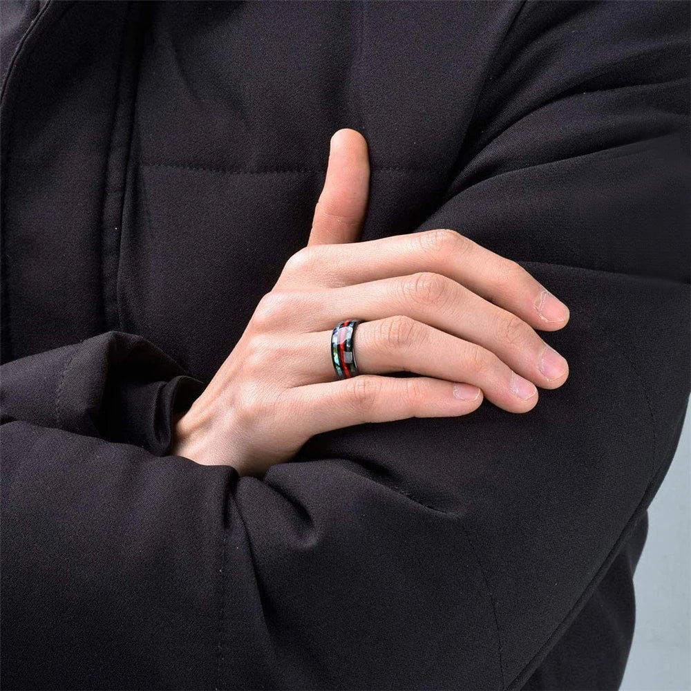 Fashion 8MM Rose Gold Color Stainless Steel Rings For Men Women Colorful Abalone Shell  Inlaid Men Rings Wedding Party Jewelry