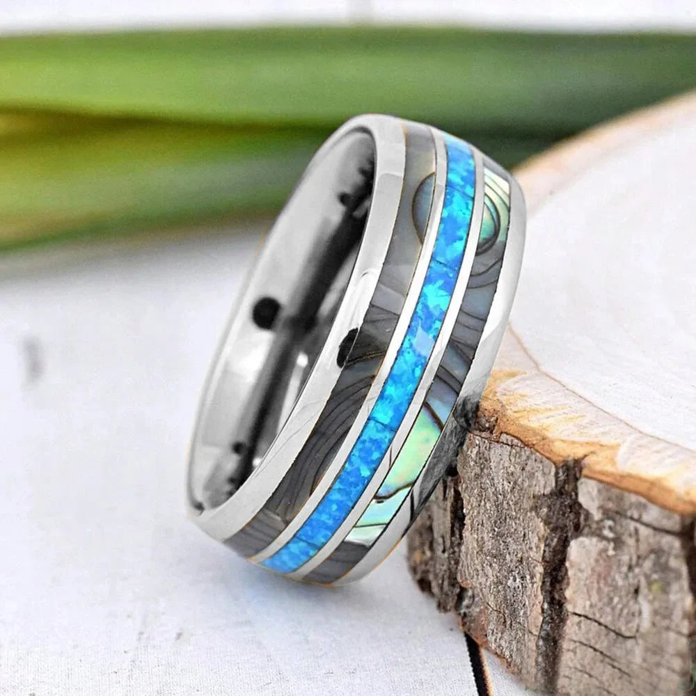 Fashion 8mm Silver Color Tungsten Wedding Men Stainless Steel Rings Inlay Abalone Shell Blue Opal Rings Men Wedding Jewelry