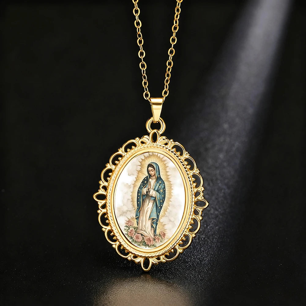Our Lady of Guadalupe Necklace Catholic Virgin Mary Pendant Religious Faith Pray Protection Amulet Stainless Steel Jewelry