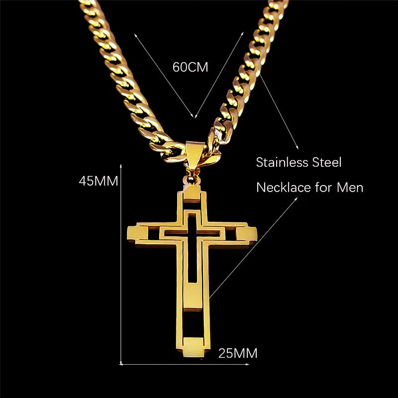 2026 Hip Hop Cross Stainless Steel Chain Necklaces Gold Color Long Pendant Necklace for Women/Men Jewelry Collier Homme N6055S05
