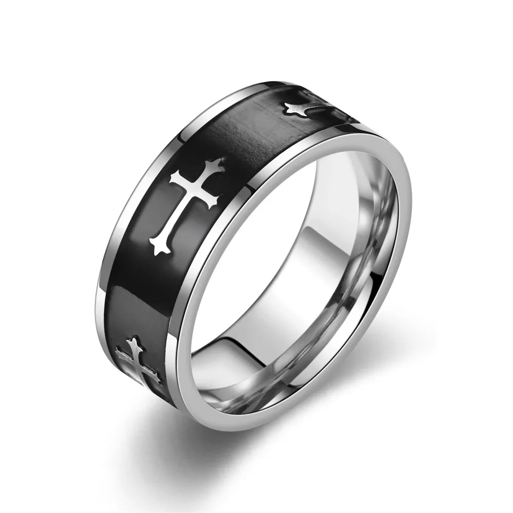 Metal Cross Ring For Men Women Black Silver Color Stainless Steel Ring Punk Gothic Simple Accessories Christian Jewelry Gift