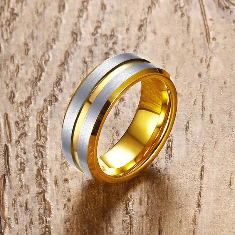 Fashion Gold Color Stainless Steel Rings For Men Silver Color Brushed Beveled Edge Engagement Rings Men Wedding Band Jewelry