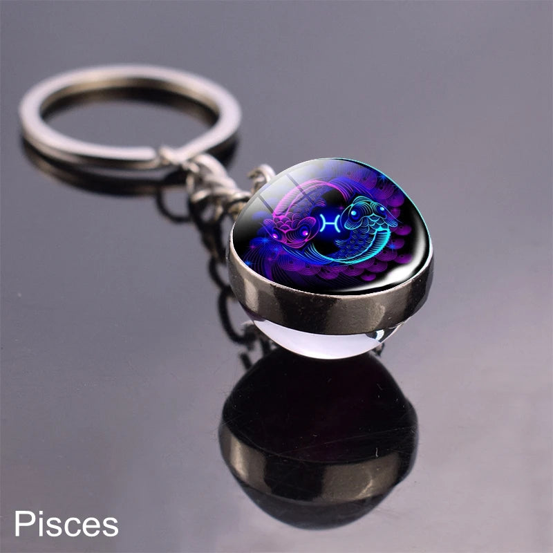 12 Zodiac Sign Keychain Sphere Ball Crystal Key Rings Scorpio Leo Aries Constellation Birthday Gift for Women and Mens Pisces 1