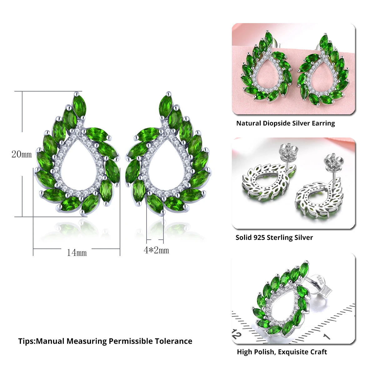 Natural Genuine Diopside Sterling Silver Stud Earring 2.6 Carats Women Classic Style Fine Jewelrys S925 Exquisite Designs