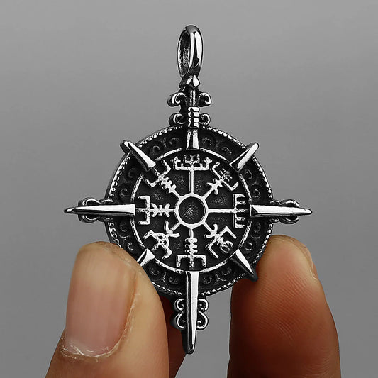 HNSP 316L Stainless Steel Viking Rune Compass Pendant Chain Necklace For Men Jewelry Vintage Accessories