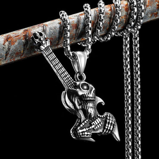 Rock Skull Guitar Stainless Steel Men Necklaces Pendant Chain Punk for Women Fashion Retro Jewelry Gifts Wholesale Dropshiping