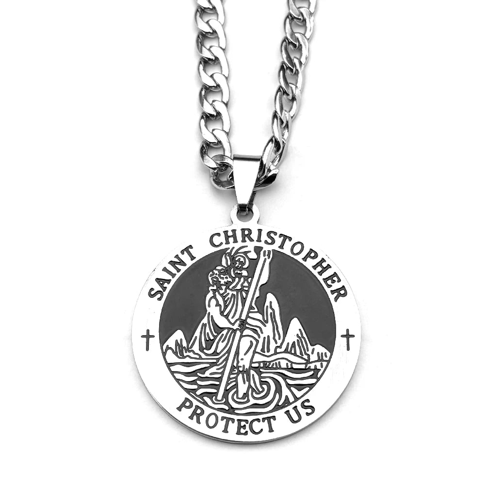 Saint Christopher Protect Us Enamel Medal Pendant Necklace for Women Men Stainless Steel Christian Chain Amulet Jewelry Gift