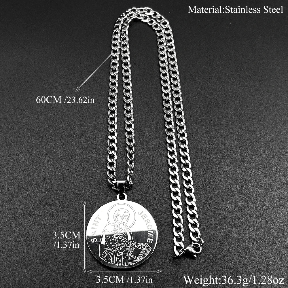 Saint Jerome Protect Us Pendant Necklace for Women Men Stainless Steel Gold Color Christian Medallion Chain Academic Jewelry