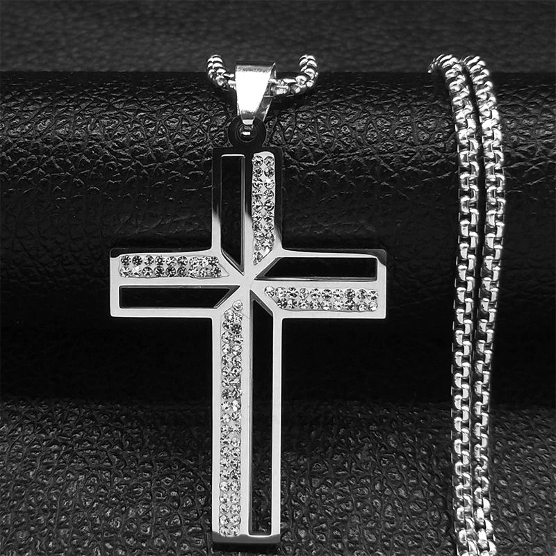 Catholic Jesus Cross Stainless Steel Necklace Saint Benedict Crystal Virgin Mary Pendant Crucifix Male Necklaces Jewelry Cruz