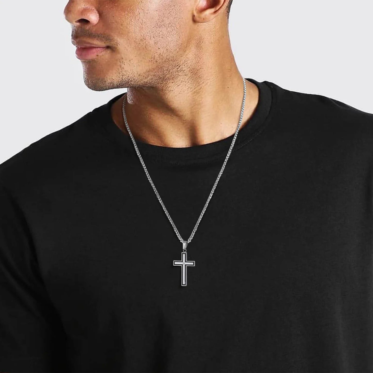 Mens Stainless Steel Cross Necklaces,Cross Center Zircon Pendant Collars with Black Glue Edge,Stylish Classic Jewelry Gifts