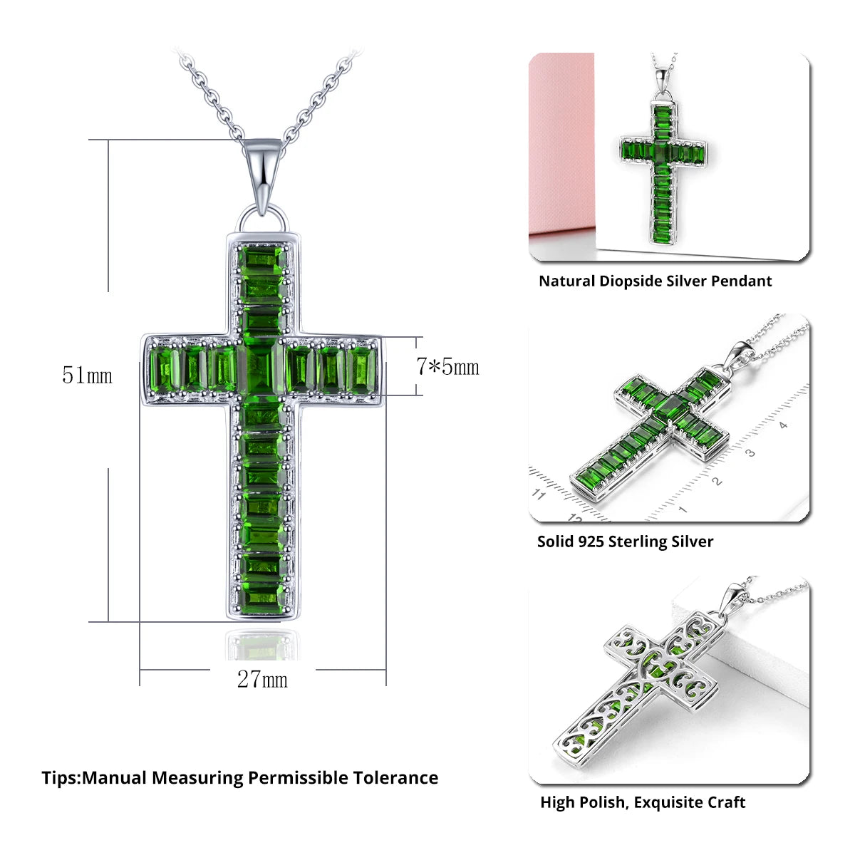 Natural Chrome Diopside Silver Pendant 4.6 Carats Genuine Gemstone Cross Classic Design Unisex Style Fine Jewelrys Gifts