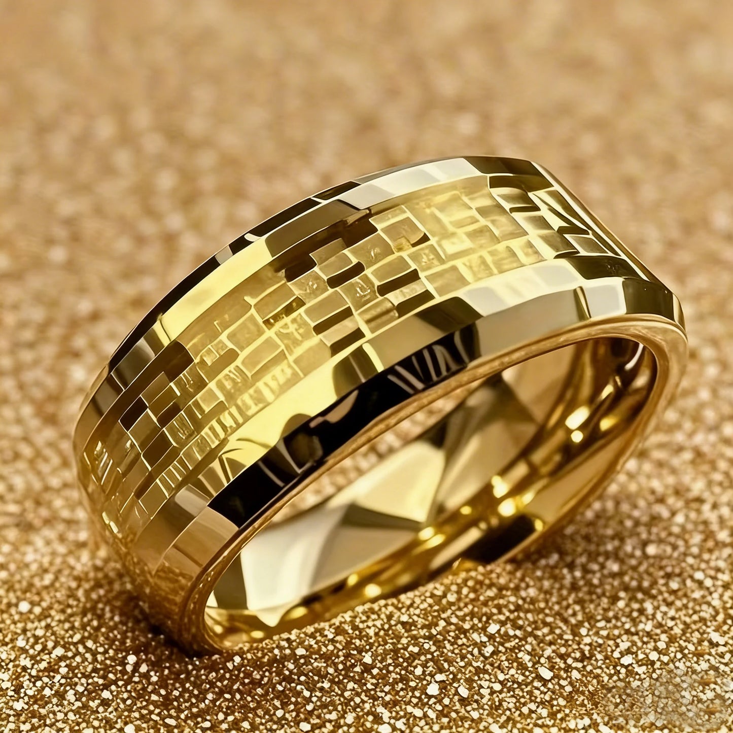 Gold Color Carbon Fiber Inlay Rings For Men, Luxury 8MM Men Gold Color Stainless Steel Rings, Wedding Band Jewelry Drop Shipping
