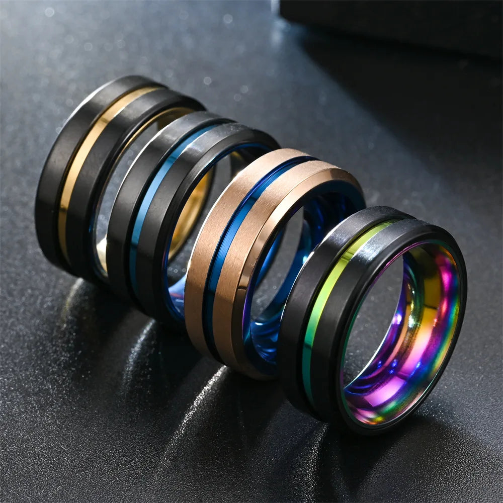 Fashio Men Rings Black Titanium Stainless Steel Rings For Men Women Brick Pattern Finish Beveled Edge Wedding Ring Party Jewelry