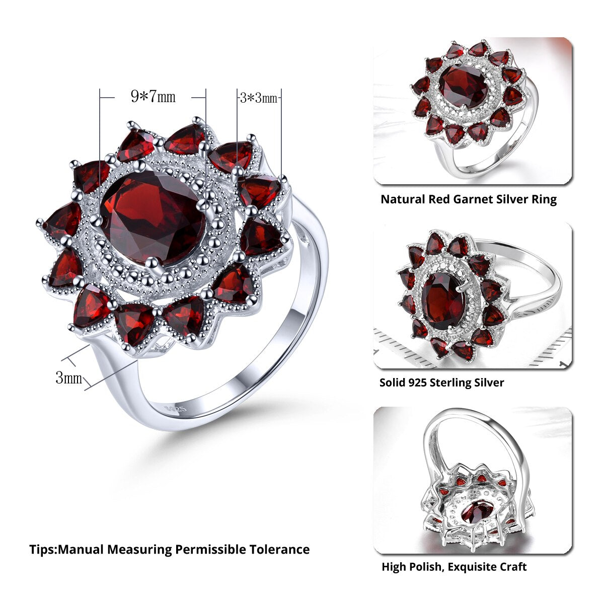 Natural Red Garnet Solid Silver Rings 3.5 Carats Genuine Gemstone Women Classic Birthday Gifts Anniversary S925 Jewelrys