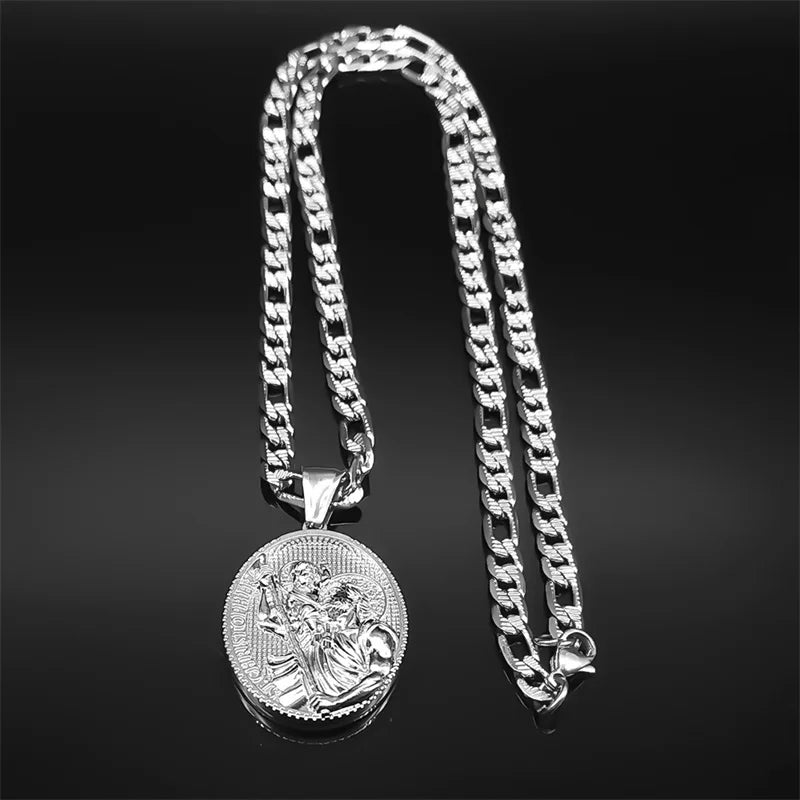 Religious ST.Christopher Protect Us Medal Necklace for Women Men Stainless Steel Silver Color Catholic Saint Chain Jewelry