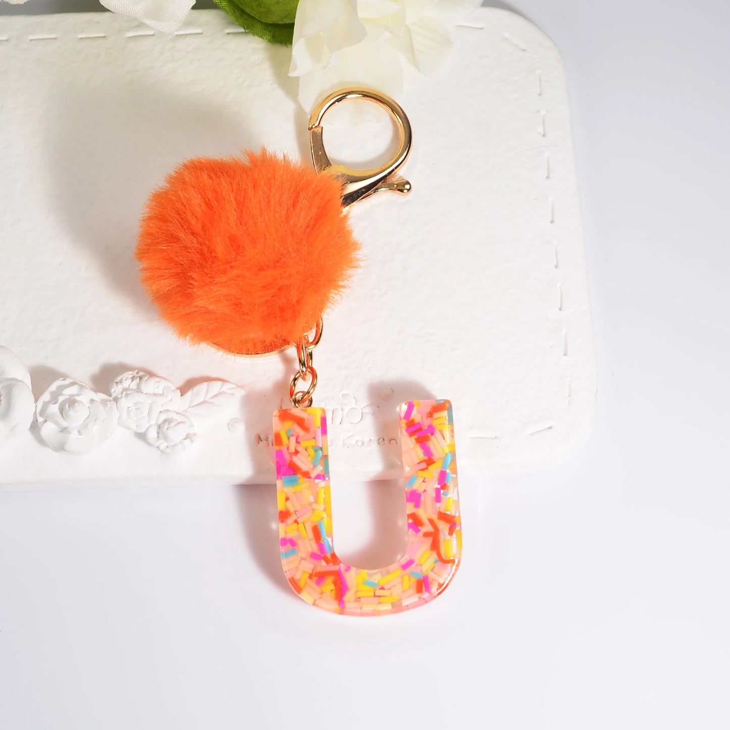 New Orange Stripe Filled Initial Letter Keychain With Orange Pom-Pom Women Girls Sweet Bag Purse Charm A-Z 26 Letters Pendant SKC-Y05-U CHINA