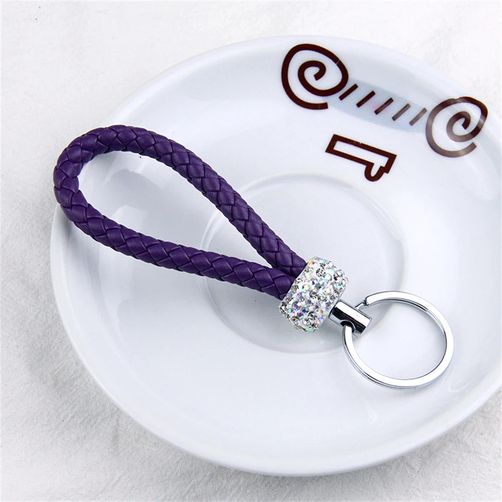 Fashion PU Leather Woven Keychain Glitter Rhinestones Braided Rope Keyring For Men Women Car Key Holder Charms Accessories Gifts H CHINA