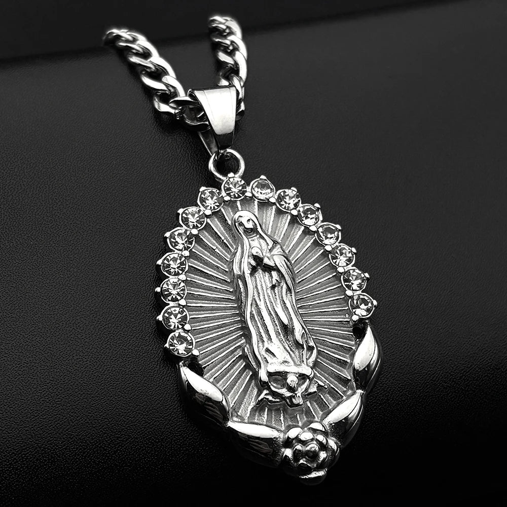 Catholic Virgin Mary Rhinestones Pendant Necklace for Women Men Stainless Steel Gold Color Our Lady of Guadalupe Chain Jewelry