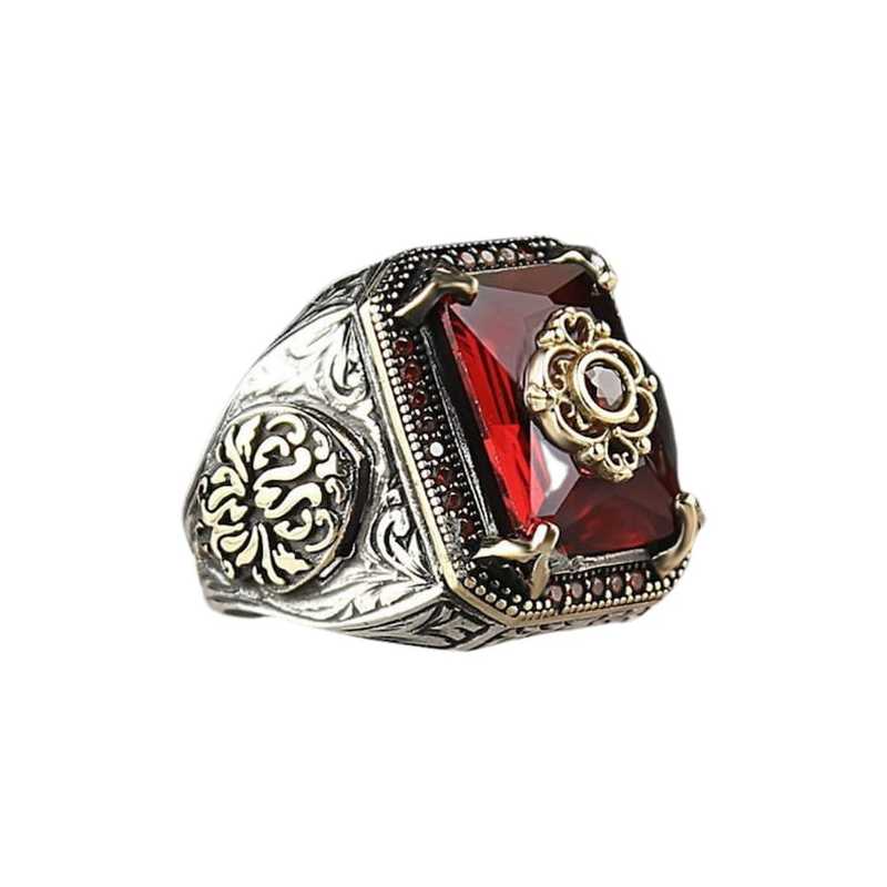 Retro Handmade Turkish Signet Ring for Men Women Ancient Silver Color Carved Eagle Ring Inlaid Red Zircon Punk Motor Biker Ring