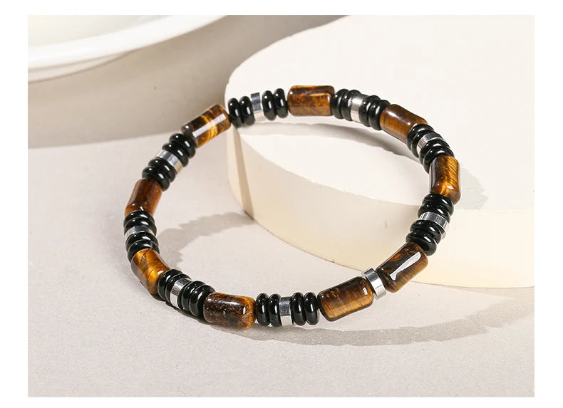 JD Natural Yellow Tiger Eye Stone Tube Shape Bracelets for Women Men Classic Stainless Steel Elastic Bangles Yoga Energy Gifts