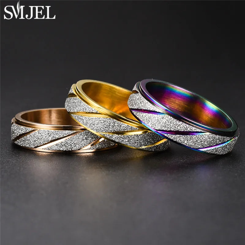 Rose Gold Stainless Steel Anxiety Ring Women Men Fidgets Spinner Rings Engagement Bands Silver Color Fashion Jewelry 8/6mm