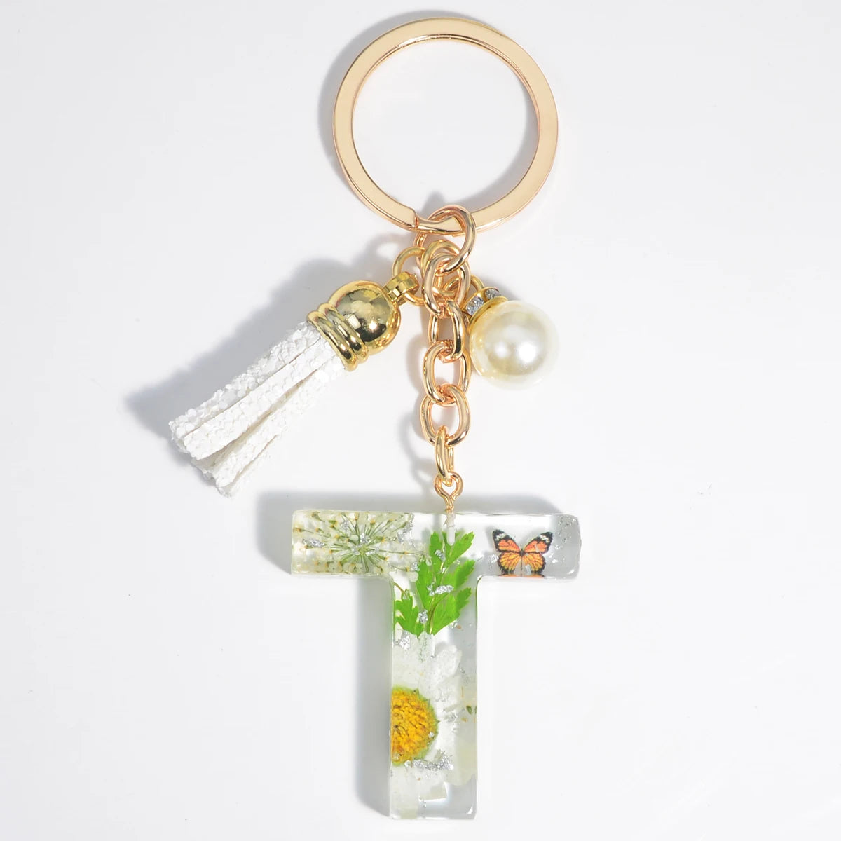 1Pc Letter Keychains Charms White Chrysanthemum Alphabet Resin Keyring Women Exquisite Bag Ornaments Flower Key Holder Gift SKC-Y07-T CHINA