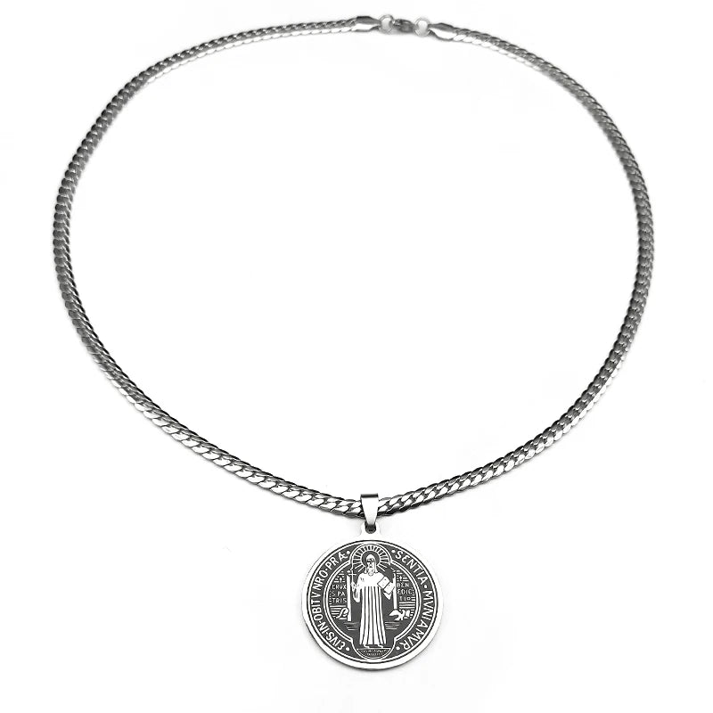 San Benito Exorcist Pendant Necklace for Women Men Stainless Steel Christian Saint Benedict Religious Amulet Chain Jewelry