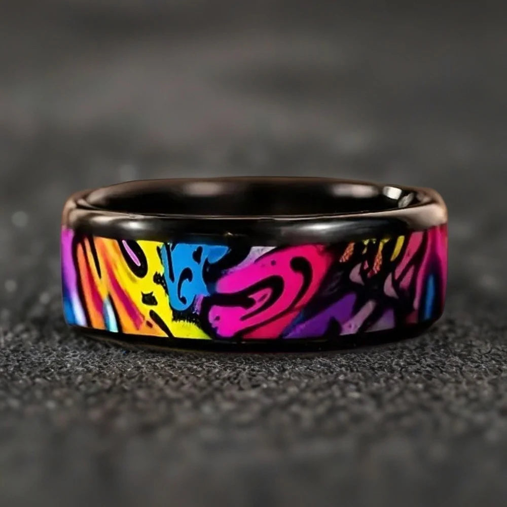 Cute Ocean-Themed 8mm Men Stainless Steel Ring with Dreamy Sea Jellyfish Pattern Inlay Rings for Teenager Wedding Party Jewelry