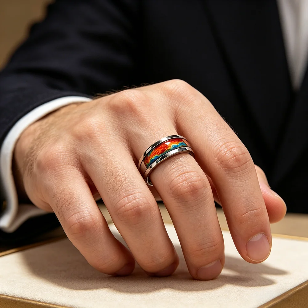 Fashion Men's Stainless Steel Ring with Flame Gradient Inlay Suitable for Daily Wear & Special Occasions, Gift for Him Non-Fade