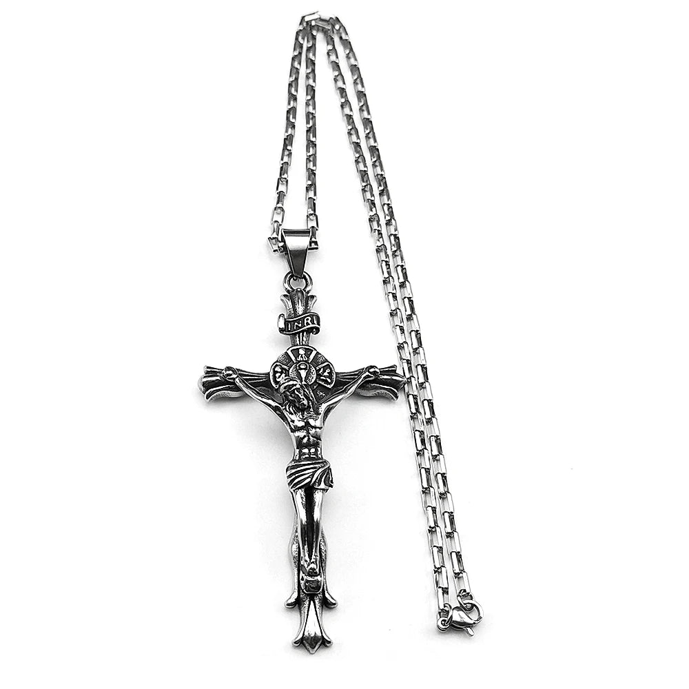 Christ Jesus Crucifix INRI Cross Big Pendant Necklace for Men Stainless Silver Color Hip Hop Chain Necklaces Amulet Jewelry