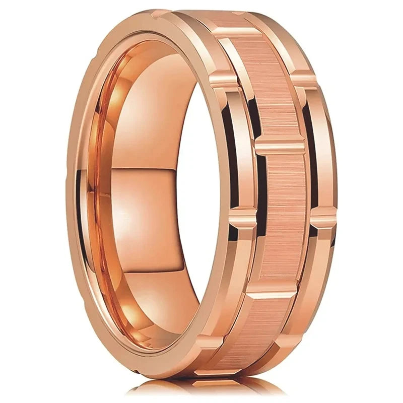 Fashion Men 8mm Rose Gold Color Stainless Steel Rings Double Groove Pattern Promise Rings For Men Wedding Jewelry Accessories