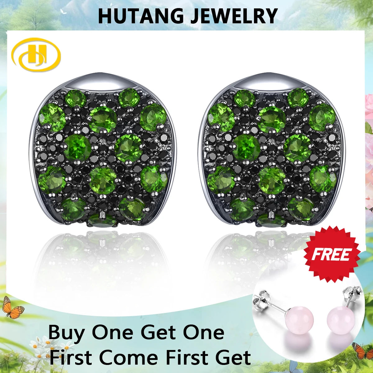 Natural Diopside Black Spinel Solid Sterling Silver S925 Stud Earring 4.8 Carats Gemstone Design Women Annviersary Gifts Default Title