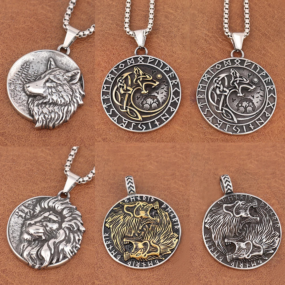 Wolf & Lion Pendant Necklace with Norse Runes Vintage Style Viking Tribal Chain for Men, Punk Biker Stainless Steel Jewelry Gift