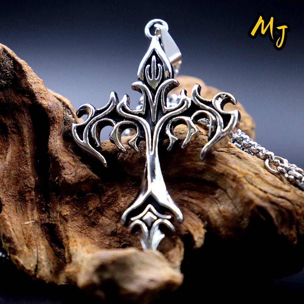 Vintage Men's Gothic Flame Cross Pendant Necklace Alloy Motorcycle Club Gothic  DragonEnwined Skull Cross Halloween Jewelry Gift