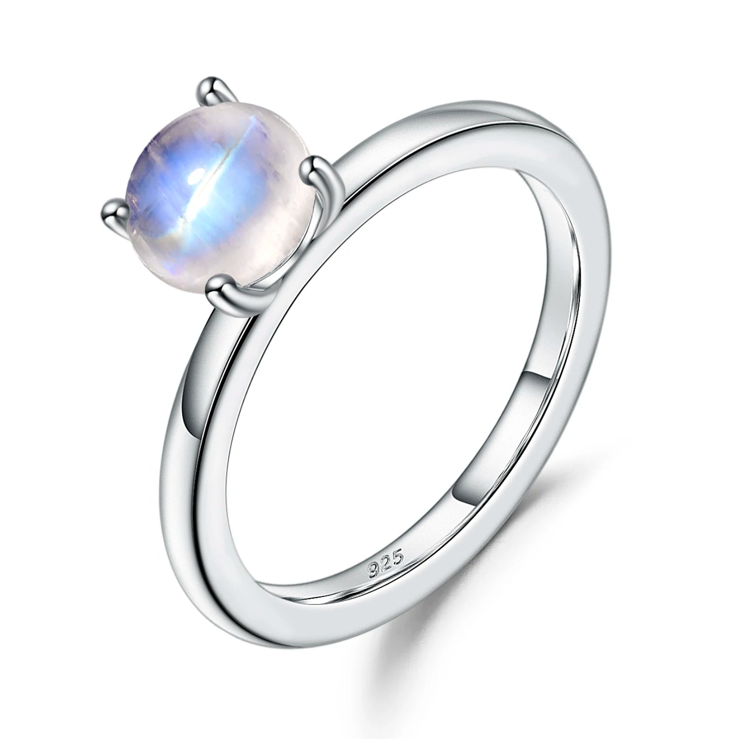 GEM'S BALLET June Birthstone 5mm Natural Rainbow Moonstone Solitaire Engagement Rings 925 Sterling Silver Promise Ring 925 Sterling Silver Moonstone